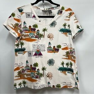 Additions by Chico's size 1 Multicolor Graphic Print Short cap Sleeve Top v-neck